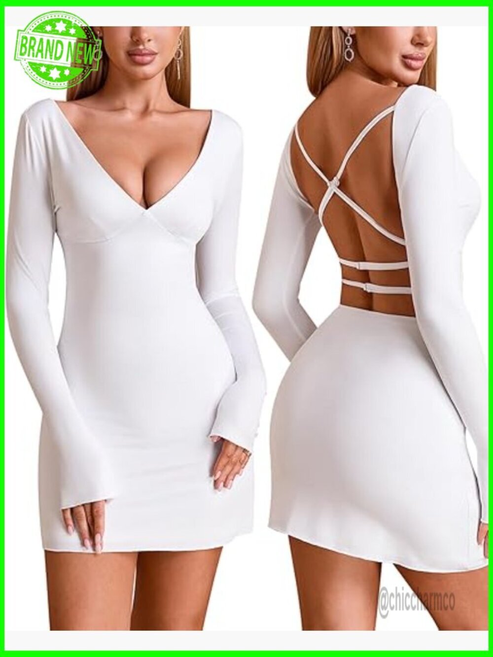 Long Sleeve V-Neck Bodycon Mini Dress Backless Party Club Night Out